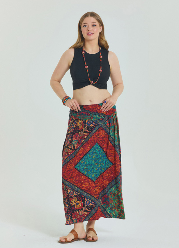 Red Plus Size Skirt with Elastic Waist and Drape Detail 4599